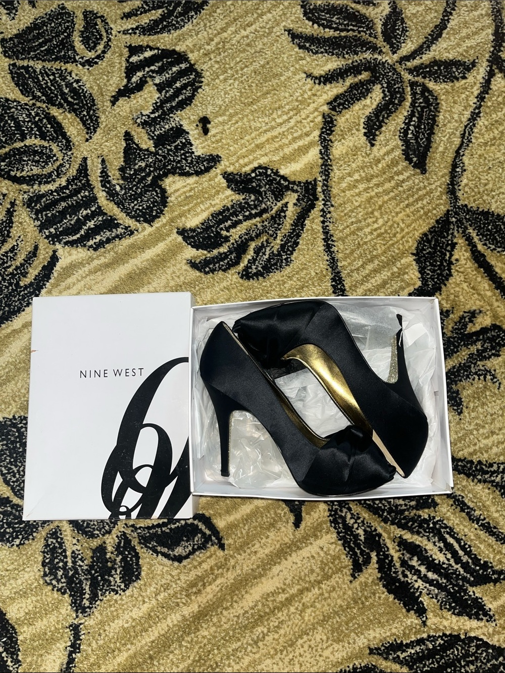 Nine West Black Satin Pointed-Toe High Heels with Knot Detail